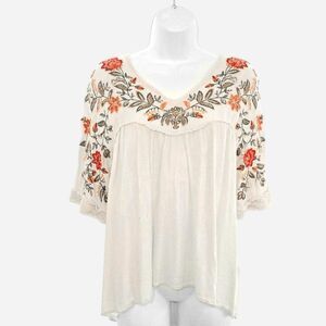 Anthro Women's Blouse Flowy Top Embroidered Flowers Size Extra Small